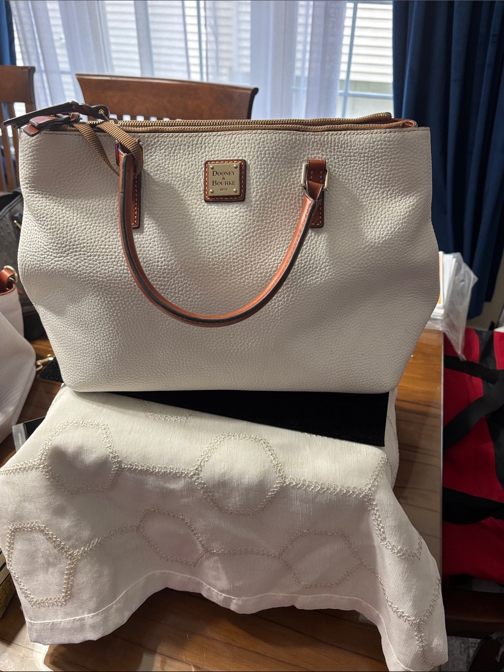 Dooney & Bourke White Pebble Charleston Leather Tote with Brown Trim